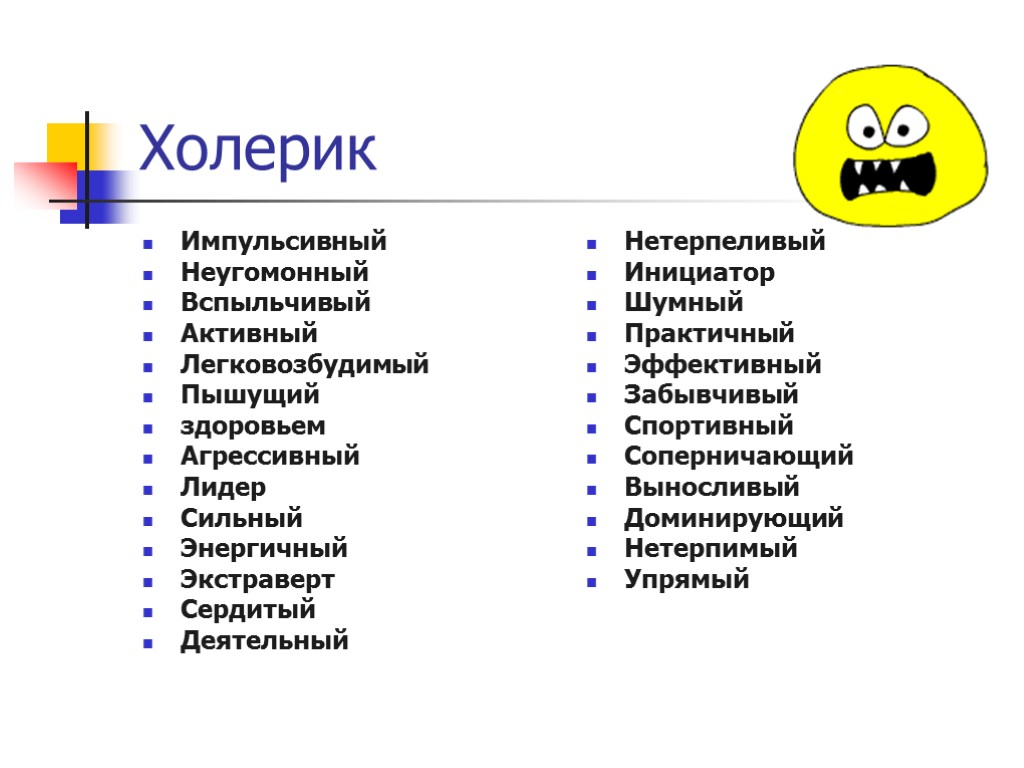 Холерик Импульсивный Неугомонный Вспыльчивый Активный Легковозбудимый Пышущий здоровьем Агрессивный Лидер Сильный Энергичный Экстраверт Сердитый